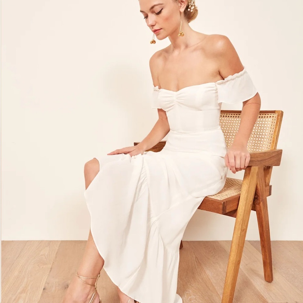Reformation White Off-Shoulder Butterfly Ruffled Sundress